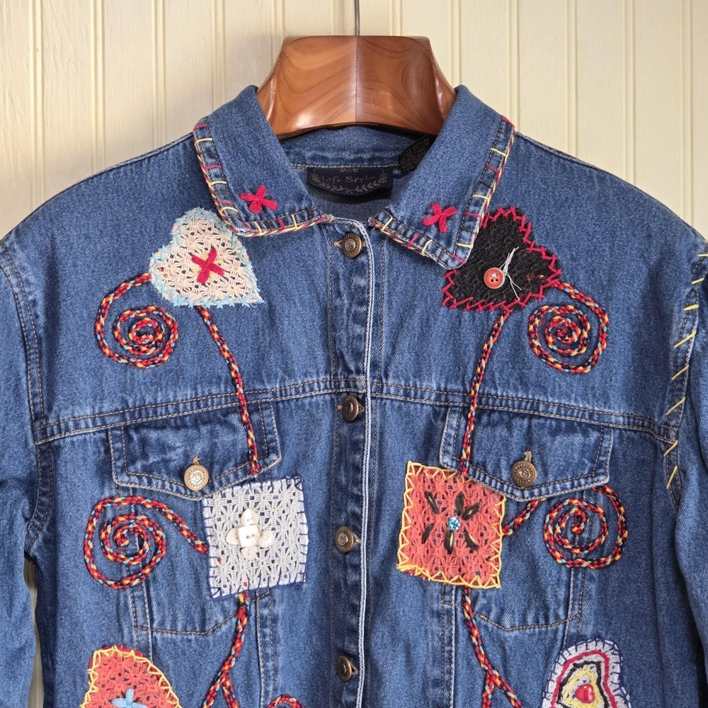 Lifestyle Jacket Womens Medium Blue Denim Embroidered‎ Hearts Boho Hippie